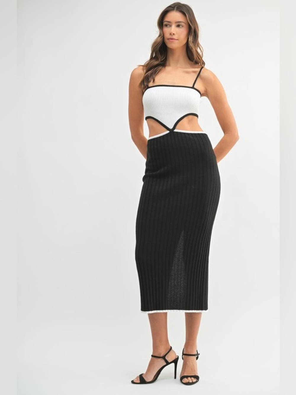 MABLE Ribbed Knit Color Block Cutout Midi Dress
